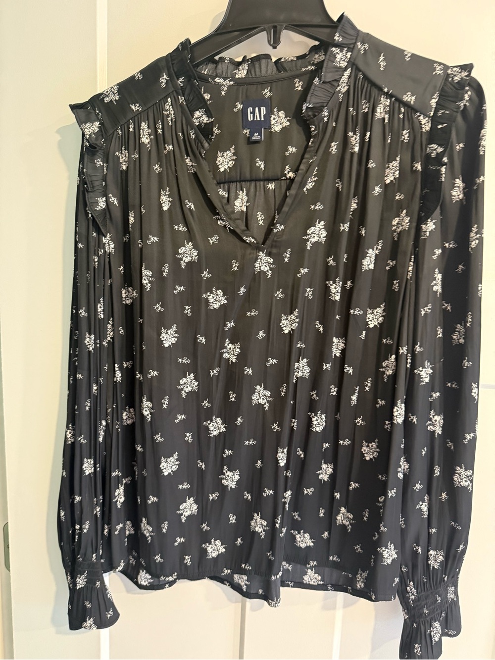 GAP Black Blouse with White Floral Print and Ruffle Trim